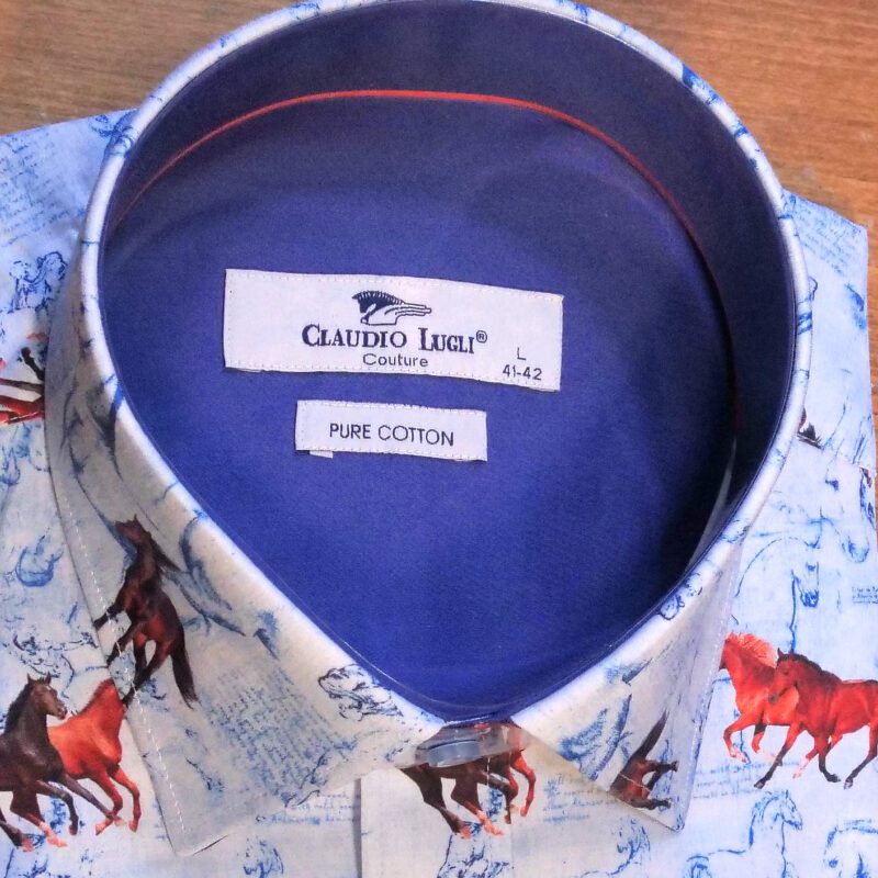 Claudio Lugli blue shirt with chestnut horses with illustrations and a blue lining