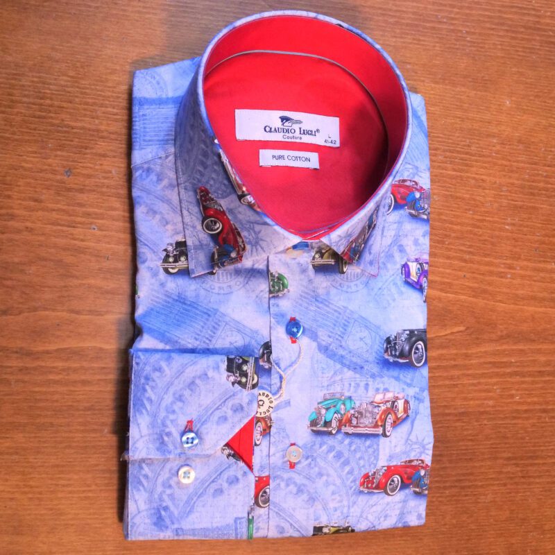 Claudio Lugli blue shirt with classic cars on background with iconic images and a red lining
