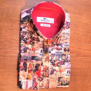 Claudio Lugli shirt with classic race cars design with a red lining
