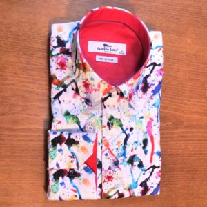 Claudio Lugli white shirt with colourful astral design with a red lining.