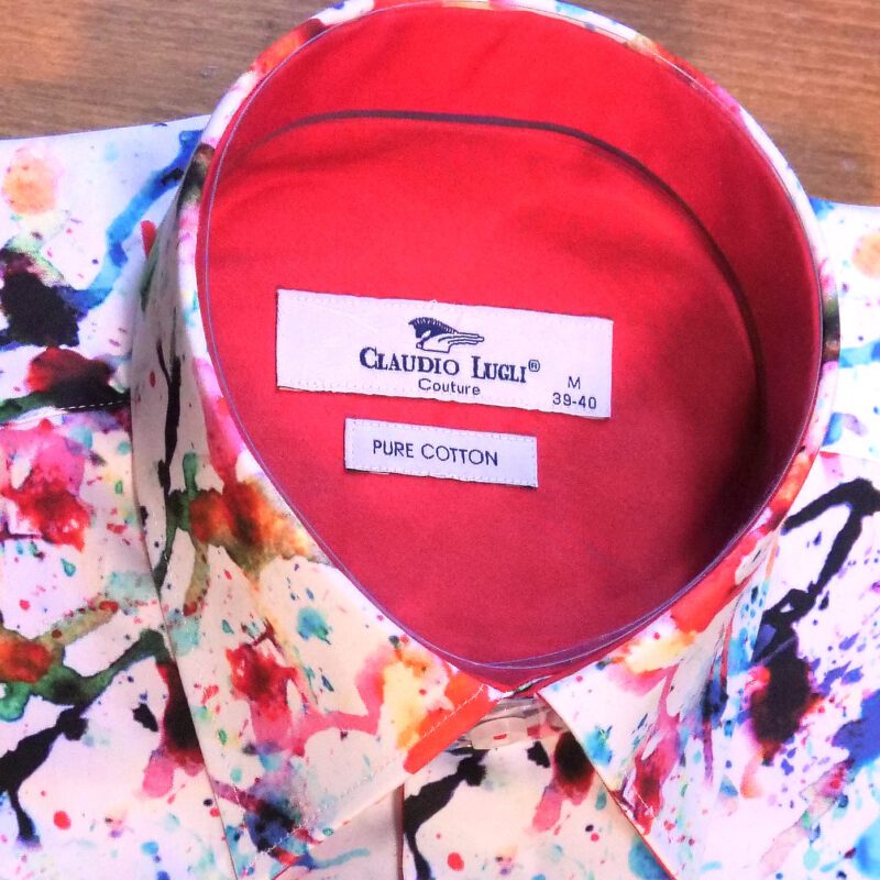 Claudio Lugli white shirt with colourful astral design with a red lining.