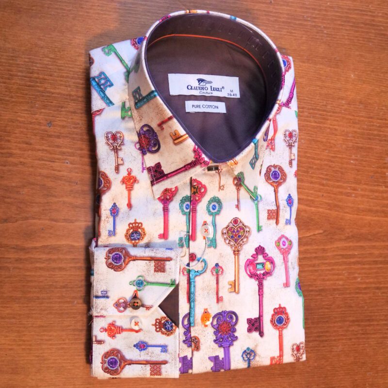 Claudio Lugli white shirt with colourful keys with gold details and an aubergine lining
