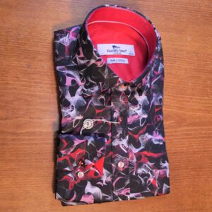 Claudio Lugli black shirt with grey pink and red smoke shapes with red lining