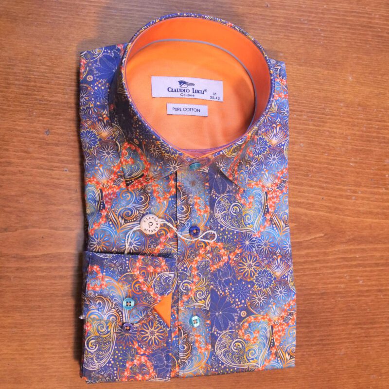 Claudio Lugli blue shirt with orange hearts and organic shapes with an orange lining