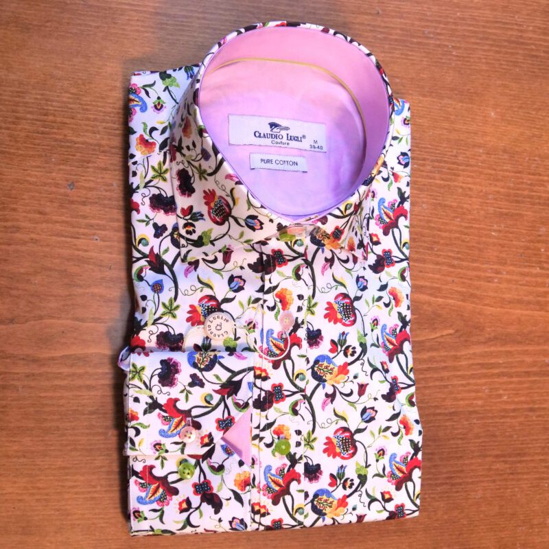 Claudio Lugli shirt with red, black and blue floral design on white, with a pink lining