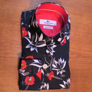 Claudio Lugli black shirt with red roses on black with white foliage with a red lining