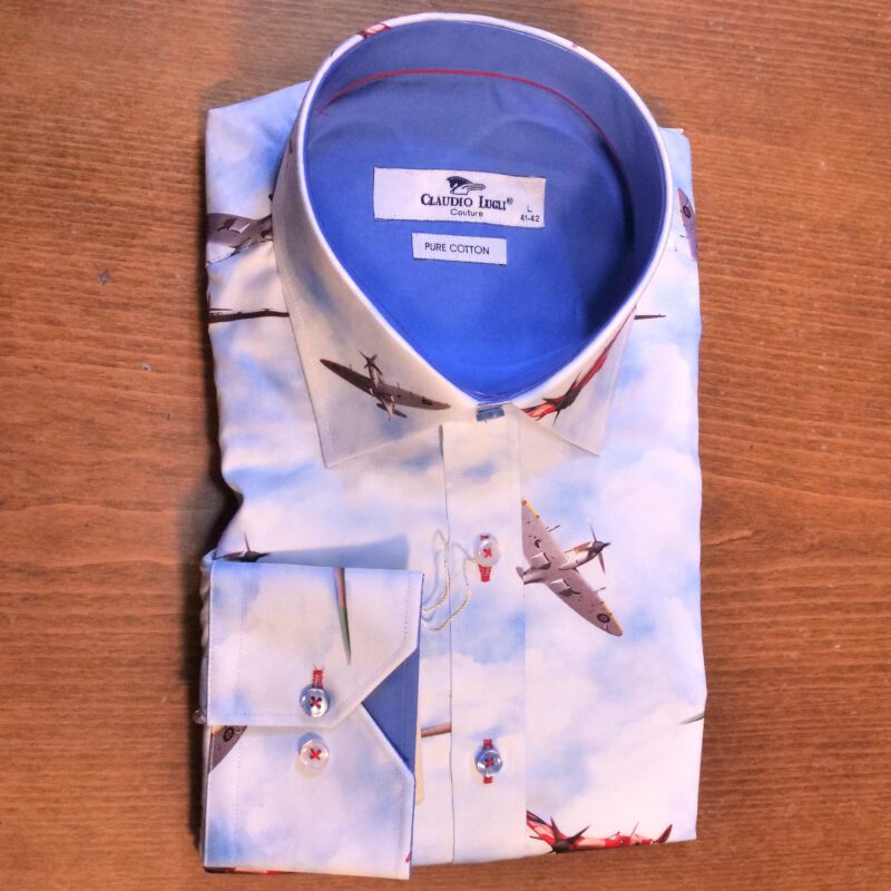 Claudio Lugli shirt with spitfires on a blue sky background and with a blue lining