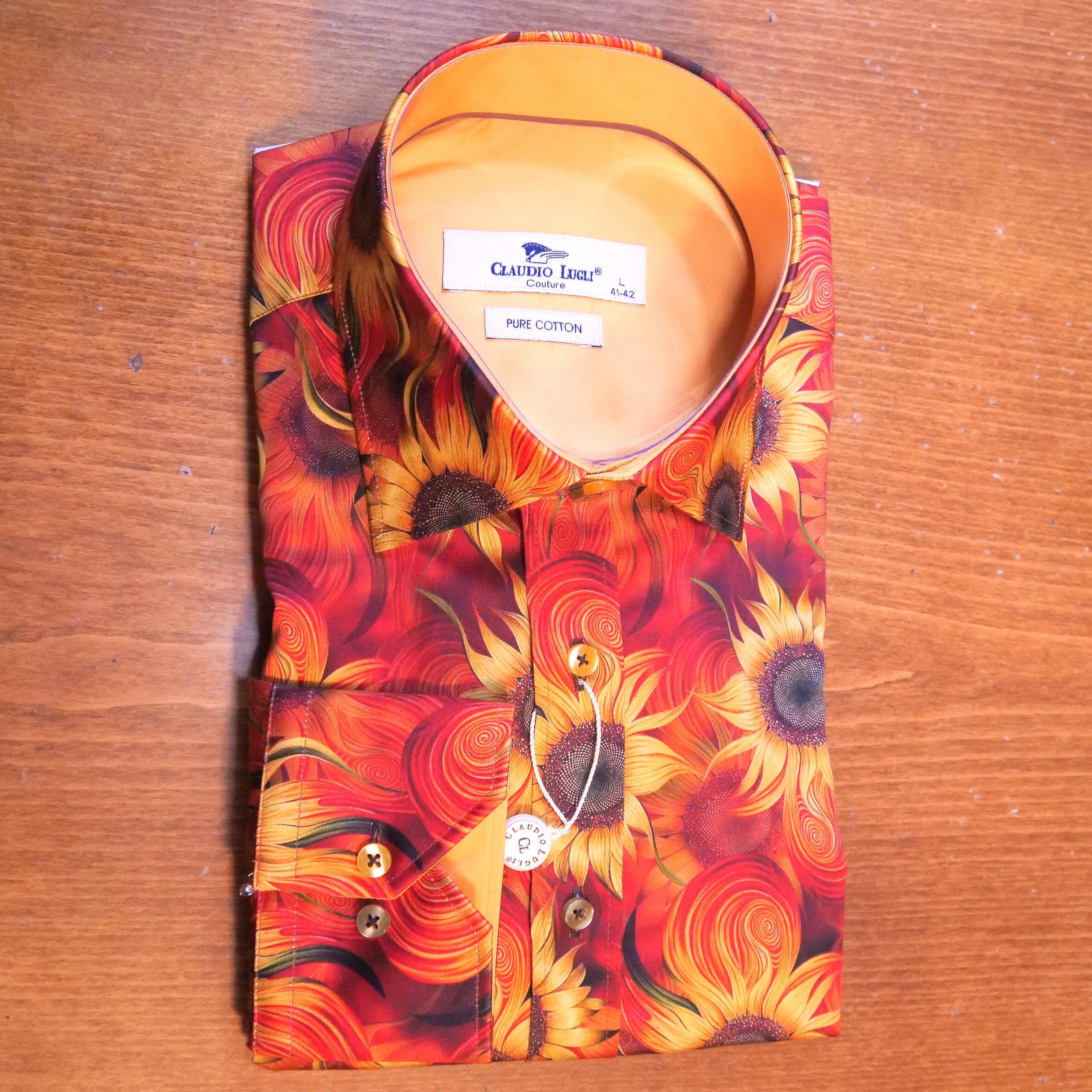 Claudio Lugli shirt with sunflowers on an orange swirl background with ...