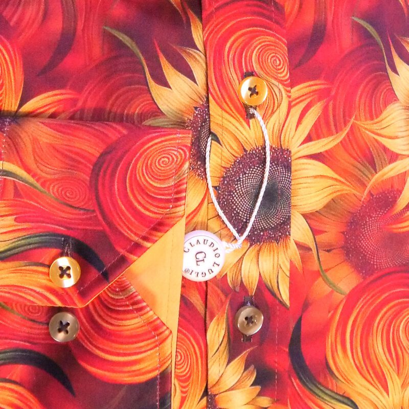 Claudio Lugli shirt with sunflowers on an orange swirl background with a yellow lining