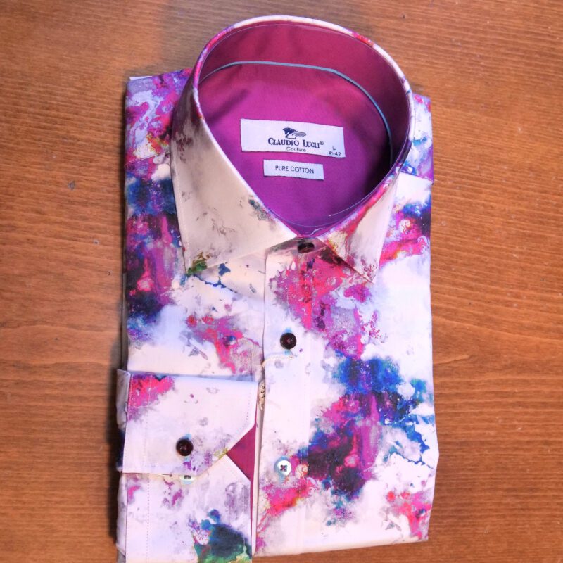 Claudio Lugli white shirt with pink and blue smoke shapes and a pink lining