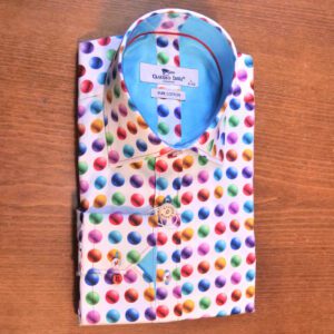 Claudio Lugli shirt in white with multi-coloured golf balls on a blue lining