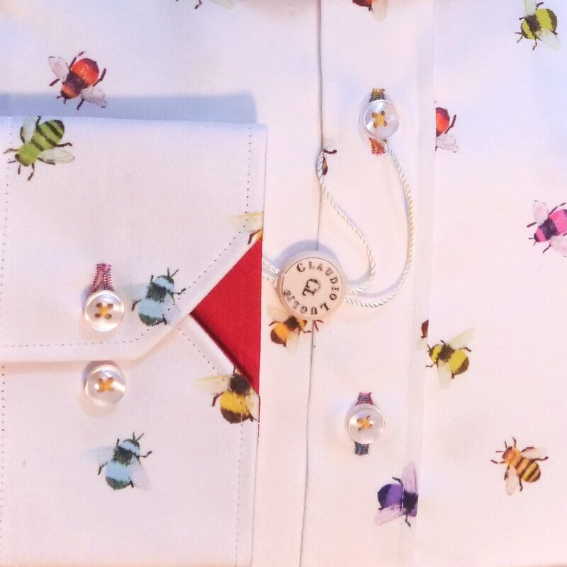 Claudio Lugli shirt in white with small colourful bees and a red lining