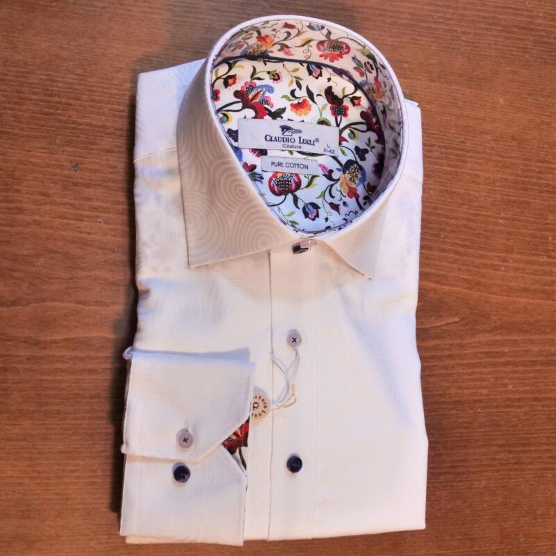 Claudio Lugli white shirt with white swirl design and multi-coloured floral lining
