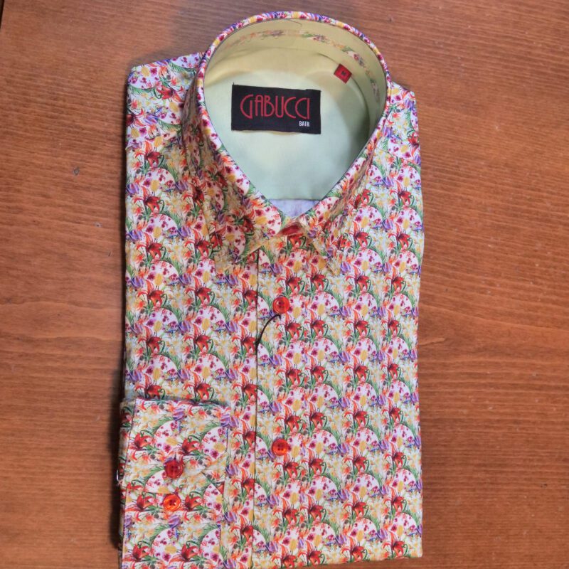 Gabucci white shirt with spring foliage and red flowers
