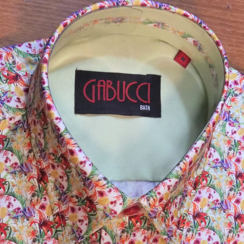Gabucci white shirt with spring foliage and red flowers