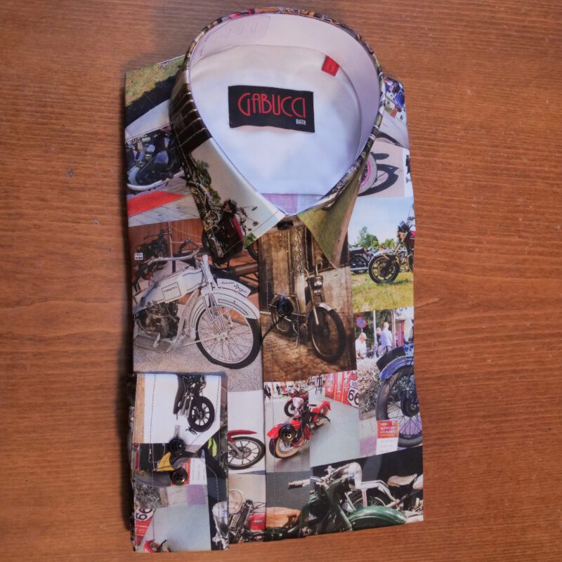 Gabucci white shirt with photos of old classic motorcycles