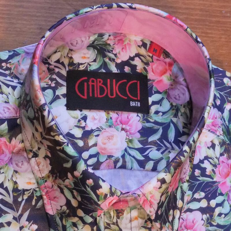 Gabucci black shirt with spring foliage and pink roses