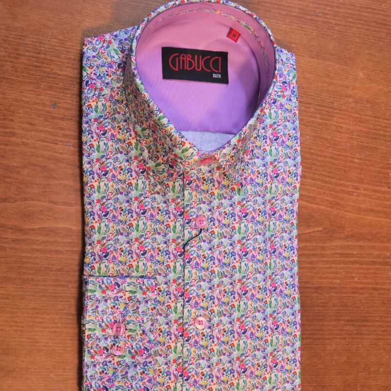 Gabucci white shirt with tiny spring foliage and a pink lining