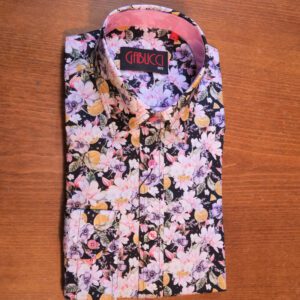 Gabucci black shirt with pink spring flowers and oranges