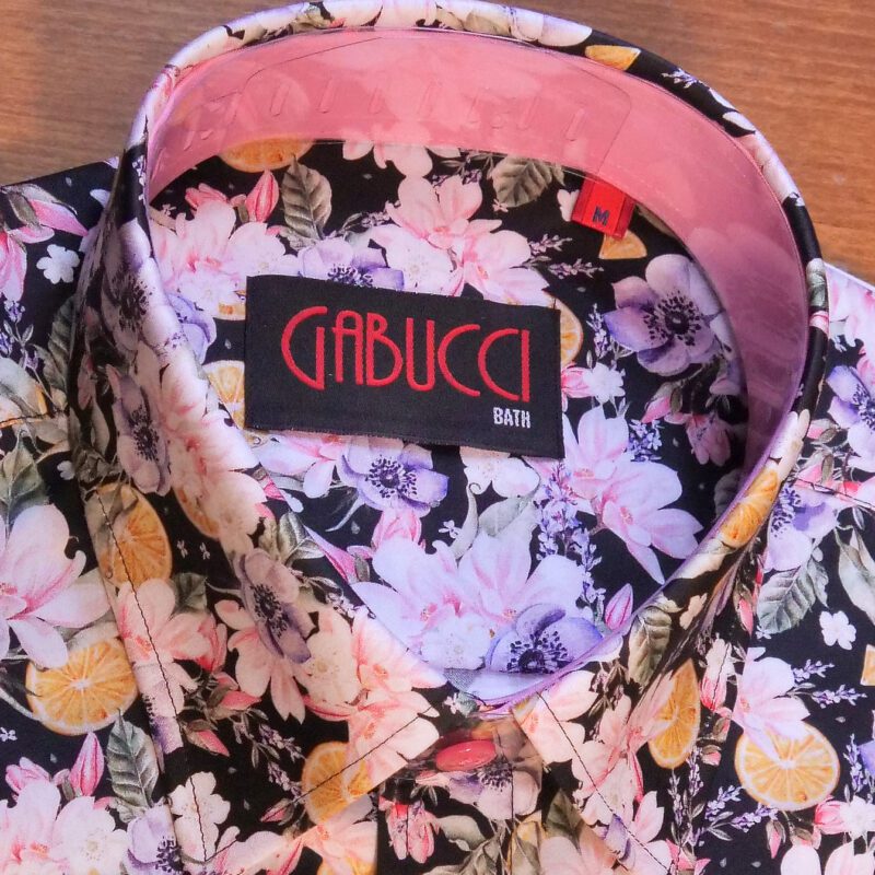 Gabucci black shirt with pink spring flowers and oranges