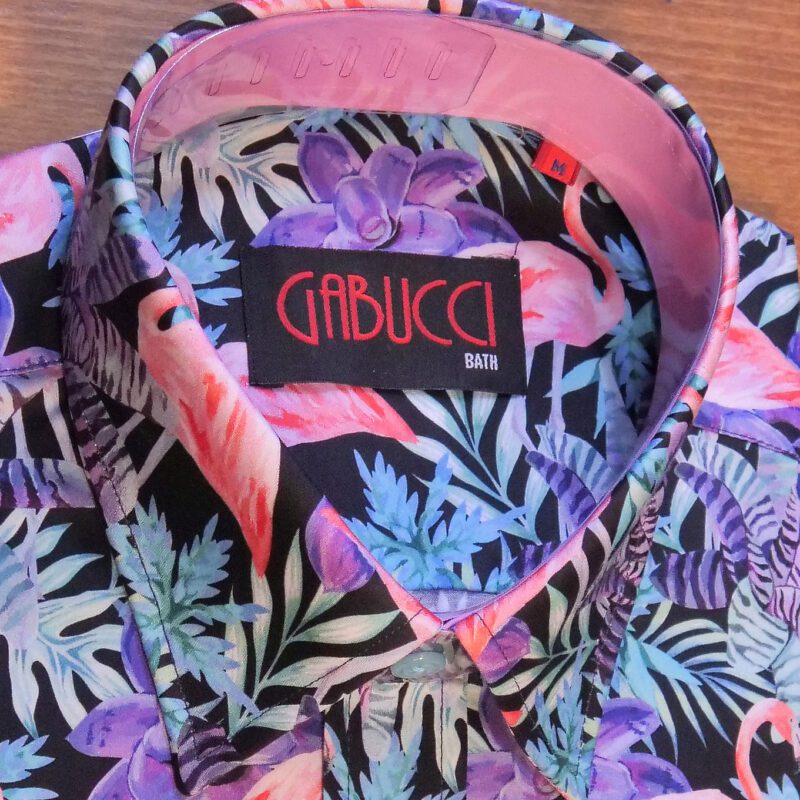 Gabucci black shirt with pink flamingos in blue foliage