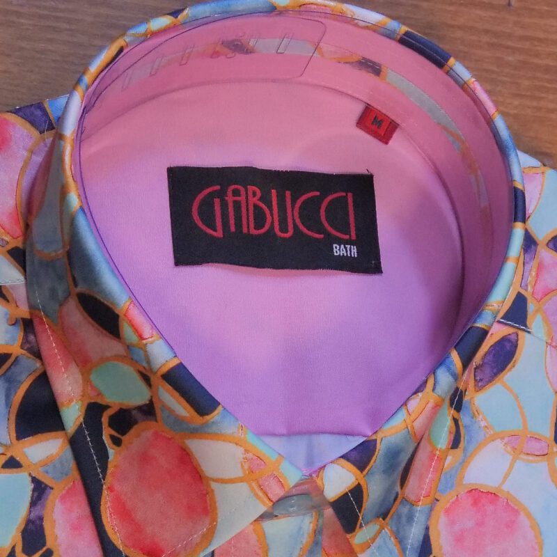 Gabucci black shirt with pink and pale blue organic shapes