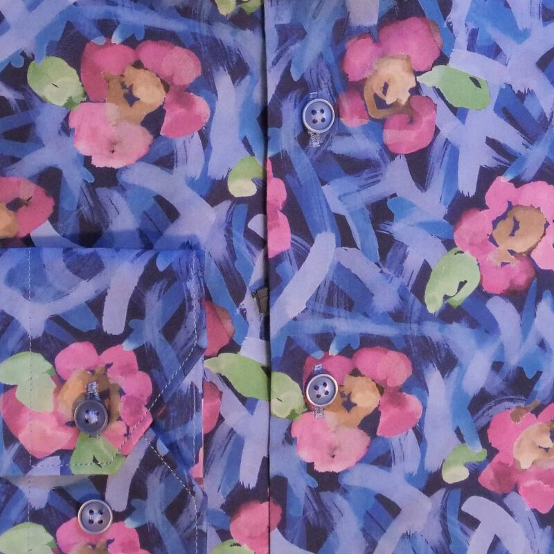 Giordano blue shirt with pink flower shapes and green foliage