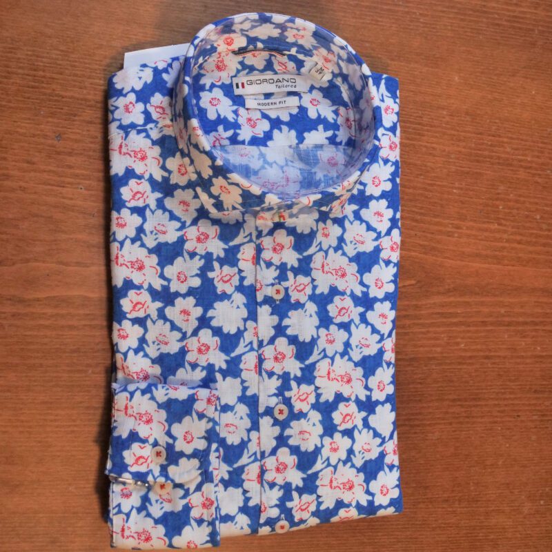 Giordano blue shirt with white flower design with red stamens