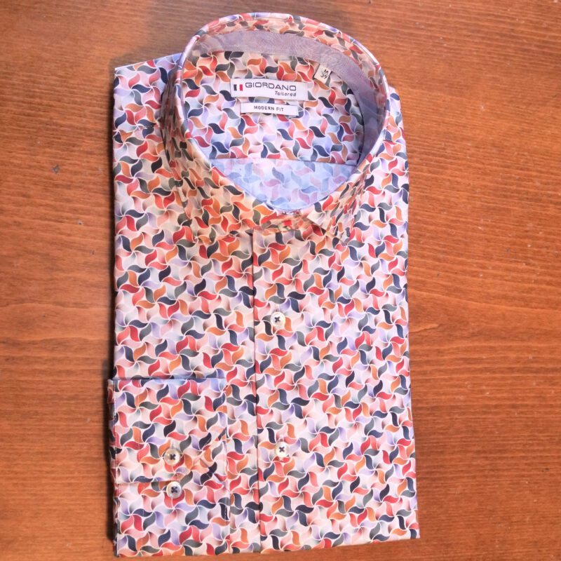 Giordano white shirt with small red and black interlocking shapes