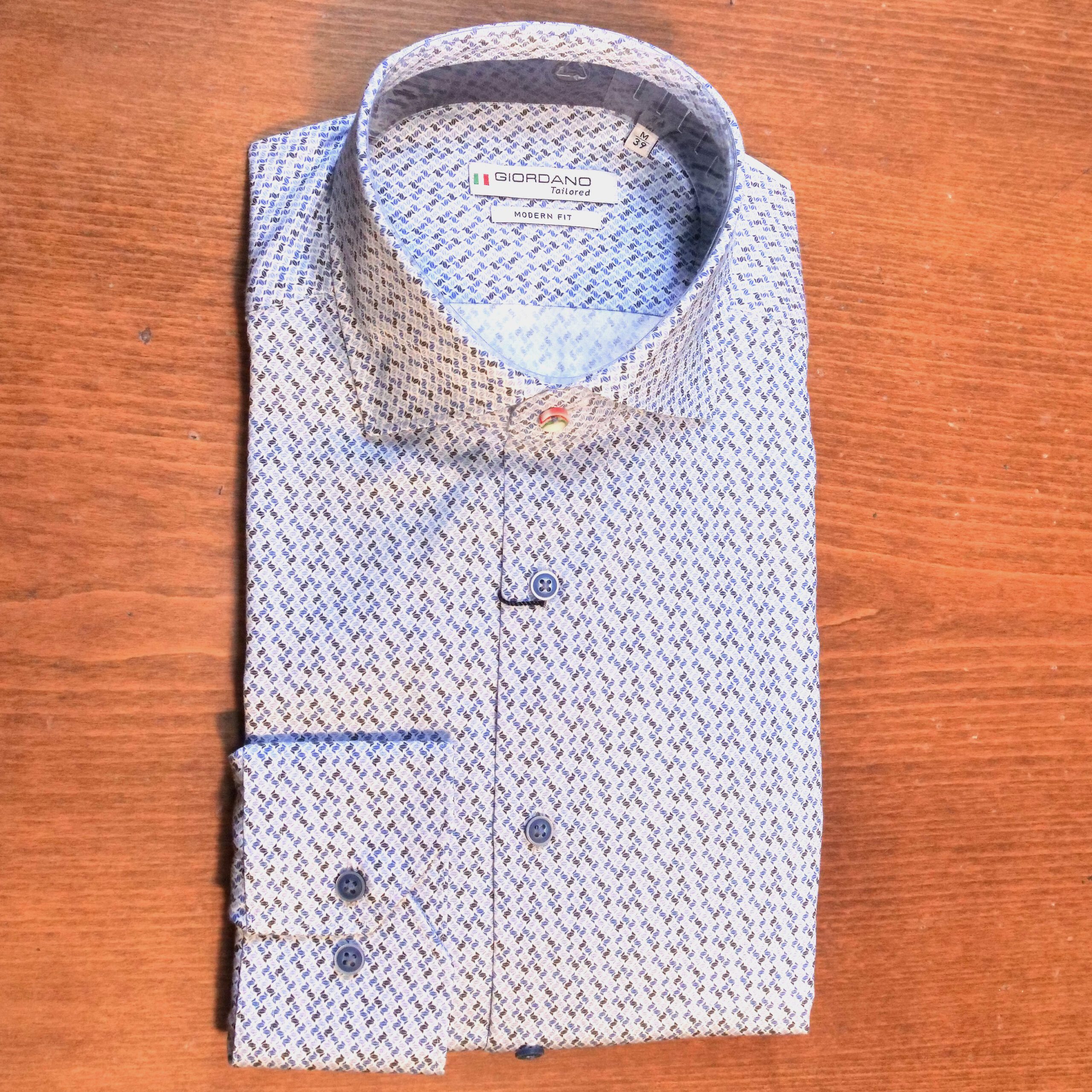 Giordano white shirt with tiny grey black and blue interlocking shapes ...