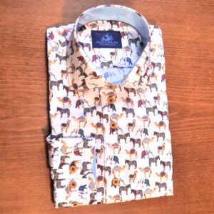 Eden Valley white shirt with small pack animals with multi coloured rugs and pale blue inner collar and cuffs