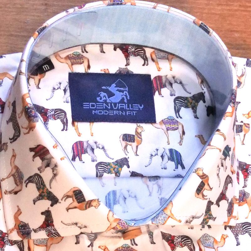 Eden Valley white shirt with small pack animals with multi coloured rugs and pale blue inner collar and cuffs
