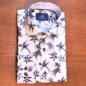 Eden Valley white shirt with large muted palm trees in blue and green with foliage