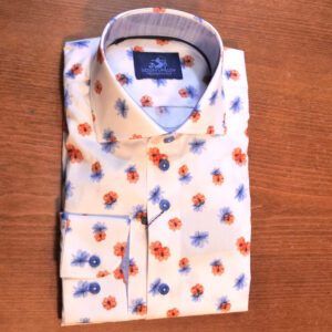 Eden Valley white shirt with small red flowers and blue foliage