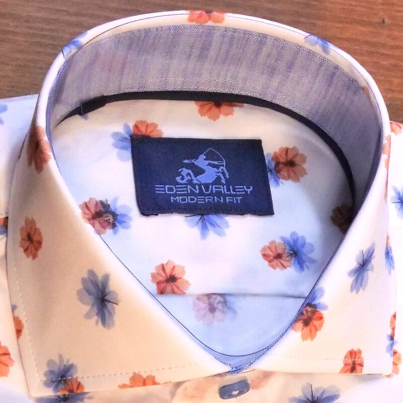 Eden Valley white shirt with small red flowers and blue foliage