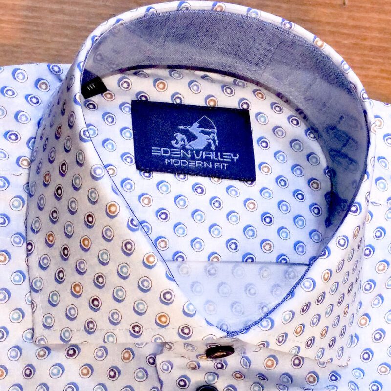 Eden Valley pale blue shirt with small blue white and orange circles with pale blue inner collar and cuffs