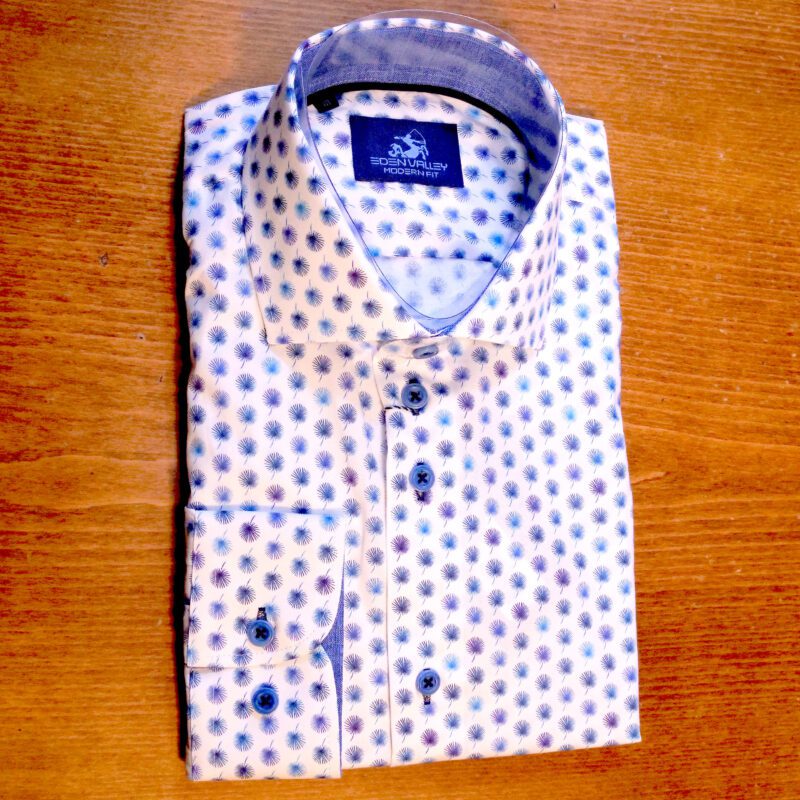 Eden Valley white shirt with small blue teasels with pale blue inner collar and cuffs