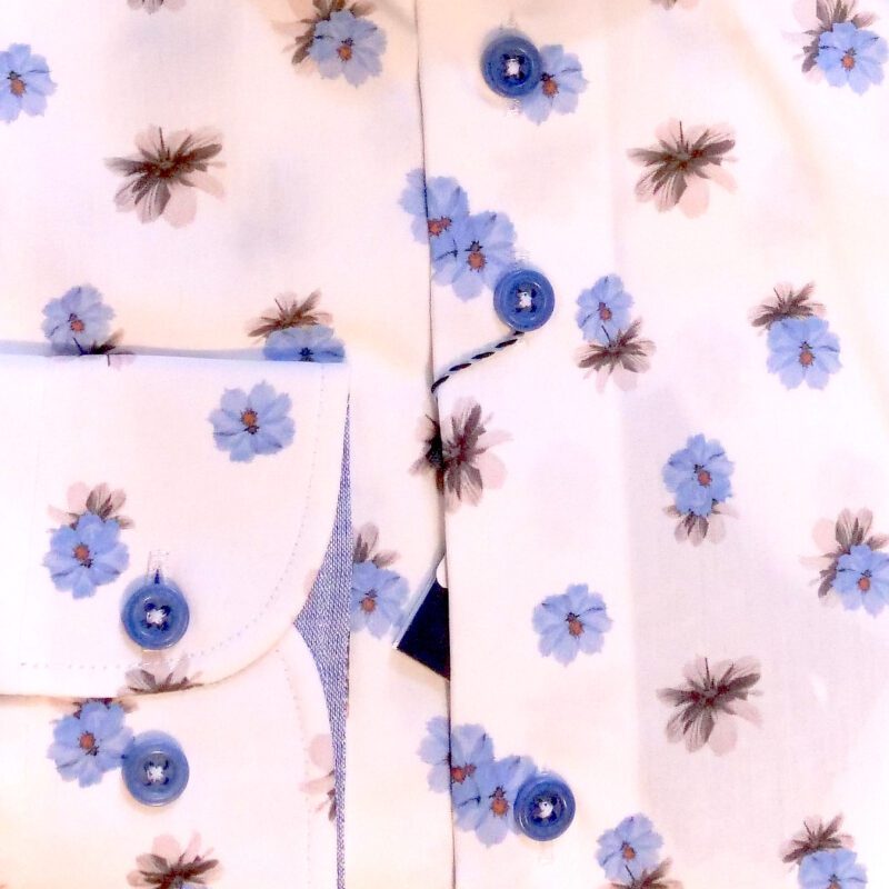 Eden Valley white shirt with small blue flowers and brown foliage