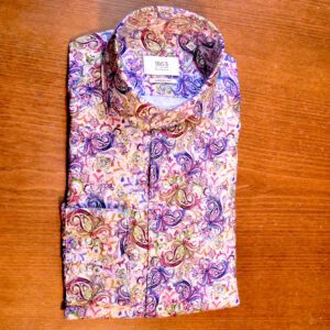 Eterna white shirt with large stylised purple green and red foliage