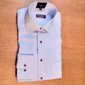 Eterna pale grey shirt with small white and blue blocks making triangles