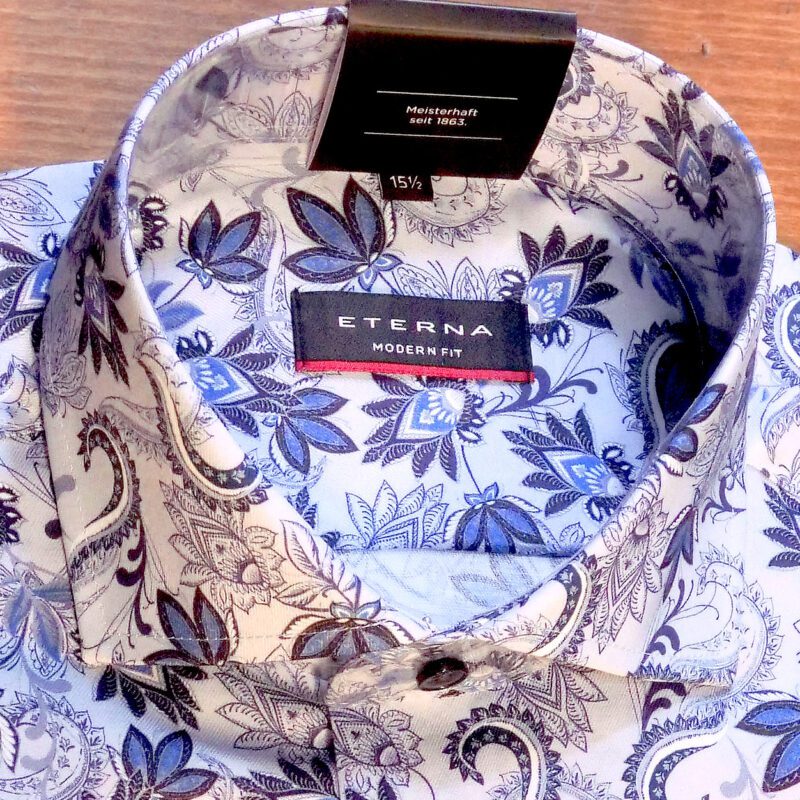 Eterna white shirt with large blue flowers and foliage