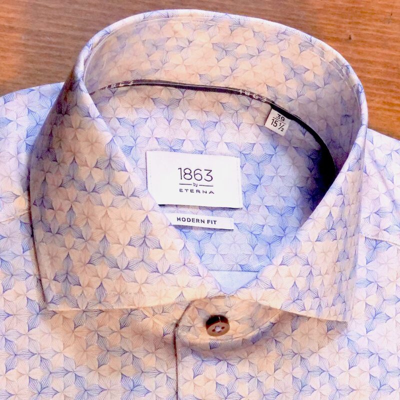 Eterna white shirt with pale blue and brown leaves