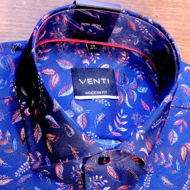 Venti mid blue shirt with small white and red coloured foliage