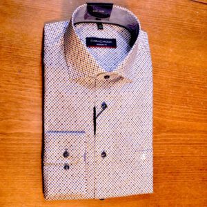 Casa Moda white shirt with small blue and brown circles in different shades