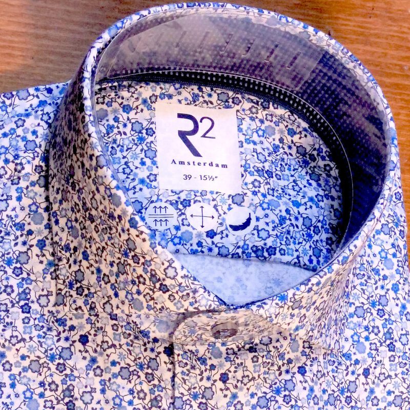 R2 white shirt with tiny blue flowers and foliage