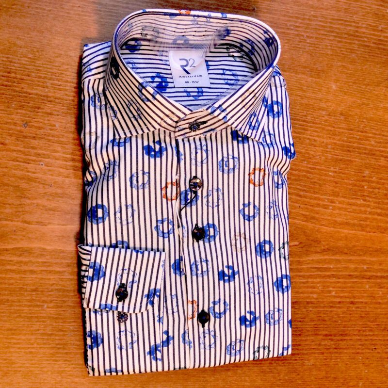 R2 white shirt with blue pinstripes and blue and orange round splodges