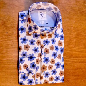 R2 white shirt with large blue and brown flowers