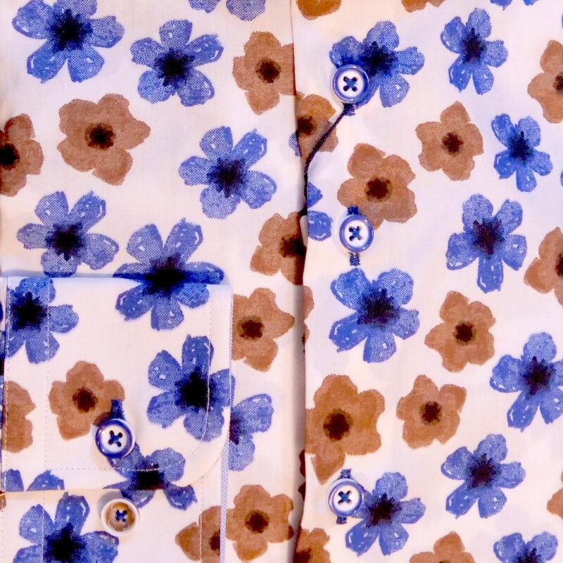 R2 white shirt with large blue and brown flowers