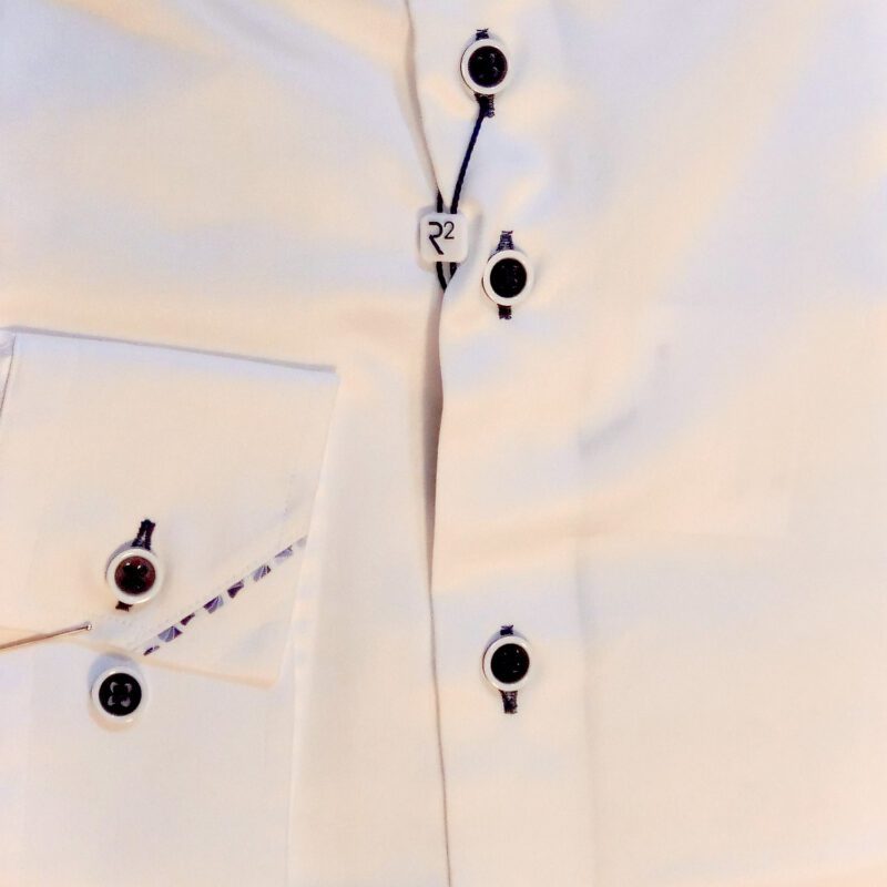 R2 white shirt with blue buttons and detail stitching