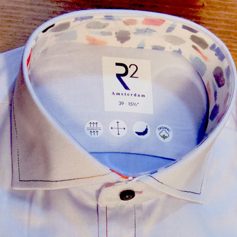 R2 shirt pale blue with blue buttons and red and blue stitching details